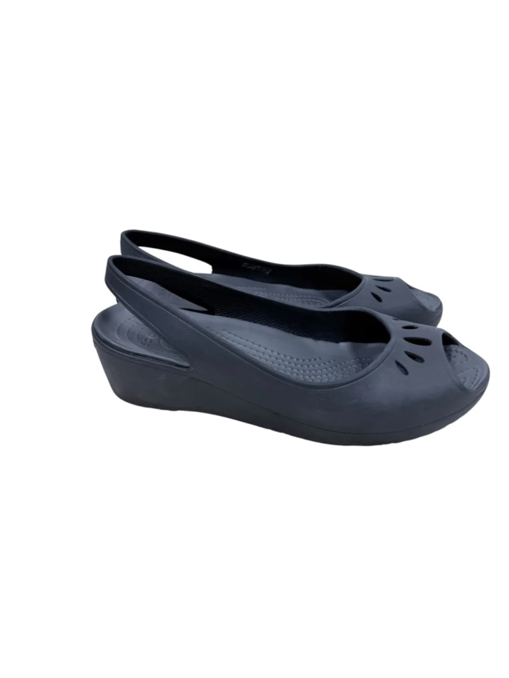 Crocs Mabyn Black Slingback Wedge Low Heel Sandal Peep Toe Travel Comfort Size 8